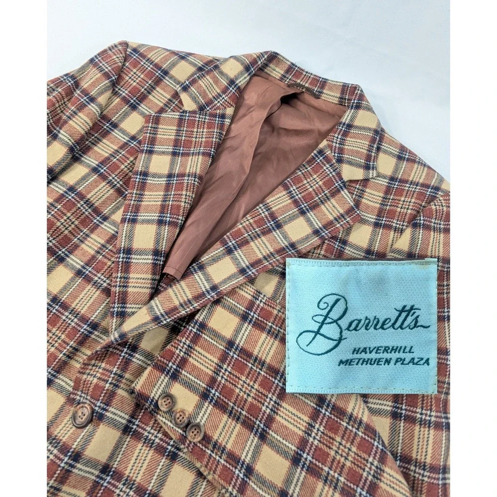 VTG Barrets Blazer Sport Jacket 100% Wool Brown Double Plaid Glenn 42L 44